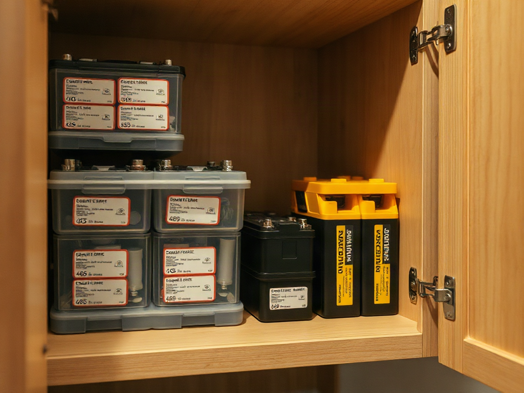 Labeled battery organizers and separate power banks on a dry interior cabinet shelf