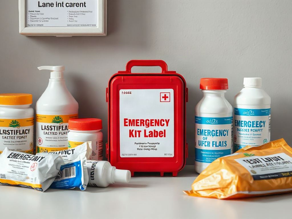 Emergency kit labels for shared supplies
