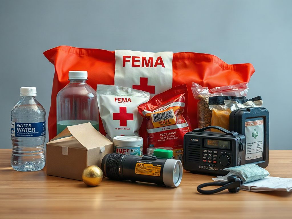 Water containers, food, first aid supplies, flashlight, and radio arranged on a table