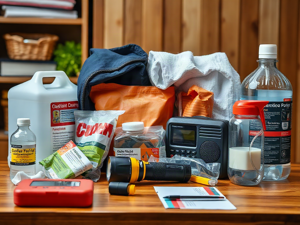 Labeled household supplies, flashlight, radio, and water containers arranged on a table