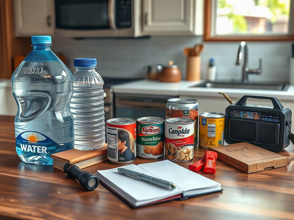 Water containers, canned food, flashlight, radio, and notebook arranged on a kitchen table