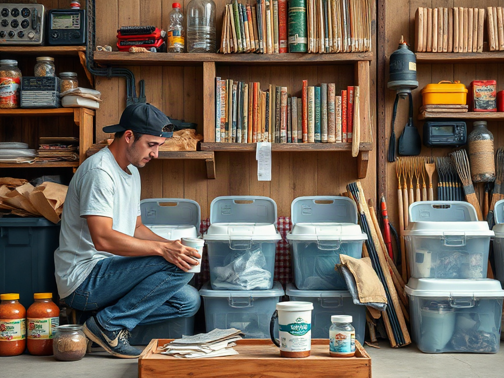 Family testing a water filter beside food bins, tools, batteries, and radios